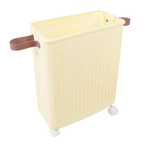 JTLB Slim Laundry Basket Foldable Space Saving Sturdy PP Plastic Narrow Clothes Hamper for Bathroom Corner Cream White (with Wheels) - color: With Wheels