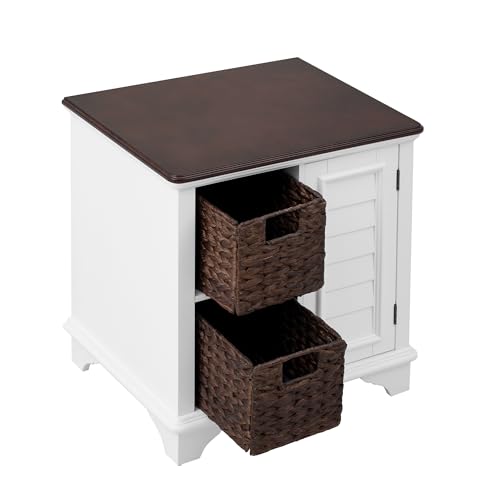 Multifunctional End Table Side Table with a Shutter Style Door and 2 Woven Grass Baskets, Sofa Side Narrow Table, Wood Bedside Nightstand for Living Room Bedroom (White-4.7) - color: White-4.7