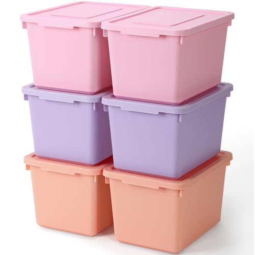Potchen 6 Pack Cute Plastic Storage Bins with Lids Decorative Stackable Storage Boxes 9.8" ×7.3" ×5.7" Small Storing Totes for Organizing Craft Office Supplies (Pink,Purple,Orange) - color: Pink,Purple,Orange