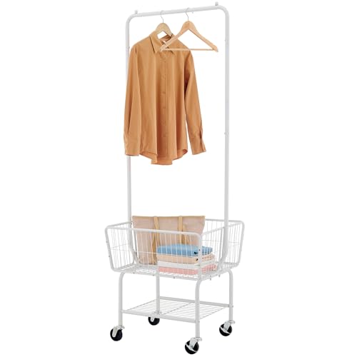 Tajsoon Laundry Cart with Hanging Rack, Metal Laundry Basket with Wheels, Laundry Hamper with Storage Basket and Shelf, Rolling Laundry Cart with Wheels, White - color: White