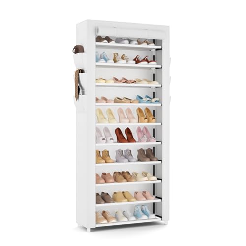 VTRIN Vertical Narrow Shoe Rack Organizer Tall Shoe Rack for Closet Entryway 10 Tier Non-Woven Cover Shoe Shelf Holds 36-41 Pairs Free Standing Shoe Storage Cabinet with Dustproof Cover, White - color: White, size: 24.8"W x11.8"D x 68.9"H