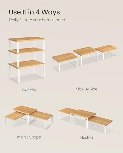 SONGMICS Cabinet Organizer Shelf, Set of 3 Kitchen Counter Shelves, Kitchen Storage, Spice Rack, Stackable, Expandable, Cloud White and Natural Beige UKCS014YL02 - color: Cloud White + Natural Beige