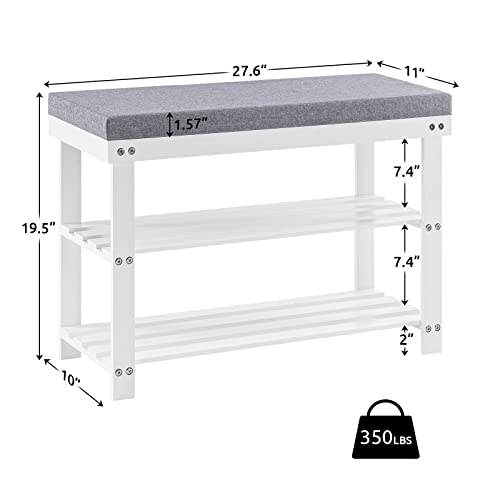 Apicizon 3-Tier Shoe Rack for Entryway, Bamboo Shoe Bench with Cushion Padded Seat, Small Shoe Organizer with Storage for Indoor Entrance Hallway Bedroom Living Room, White - color: White, size: 27.6 Inches With Cushion