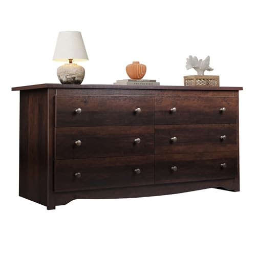 WLIVE Wooden Dresser for Bedroom, 6 Drawers Chest of Drawers, 59" Wide Modern Dresser Closet Storage Organizer for Living Room Hallway, Brown - color: Brown, size: 6 Drawers