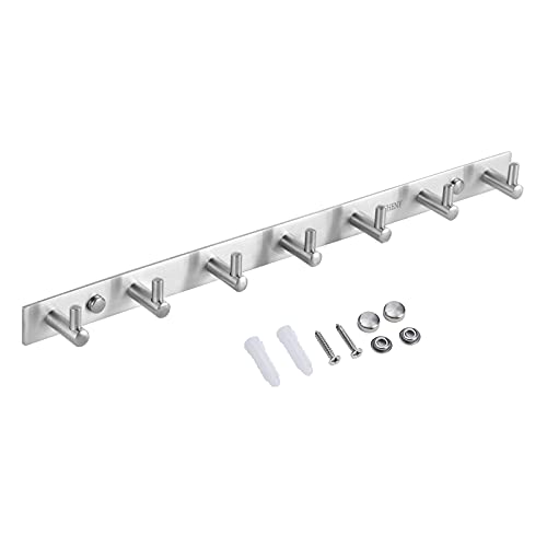 Towel Hook Rack Wall Mounted 17-Inch Coat Hanger with 7 Heavy Duty Hook, Easy to Install Rail for Bedroom, Bathroom, Foyer, Hallway, Garden, Office (304 Stainless Steel Brushed Nickel)
