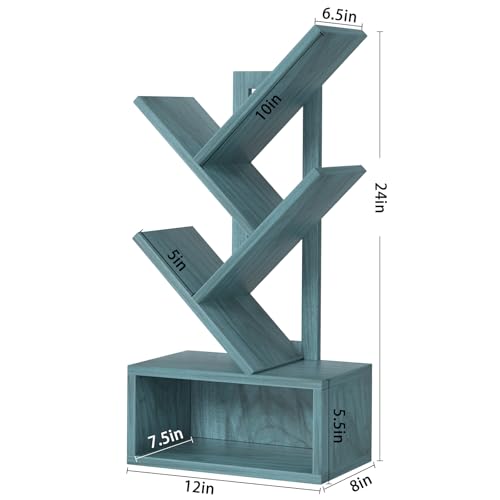 SHEEPAM Small Tree Book Shelf,5 Tier Black Tree Bookshelf,Blue Desktop Bookcase,Modern Desk Display Storage Bookshelves,Floor Standing Organizer Bookcases for Living Room,Bedroom,Office-Blue - color: Navy Blue, size: 5 Tier