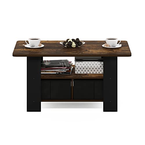 Furinno Andrey Coffee Table with Bin Drawer, Amber Pine/Black Small Non-Lift Top - color: Amber Pine/Black, style: 2 Bin