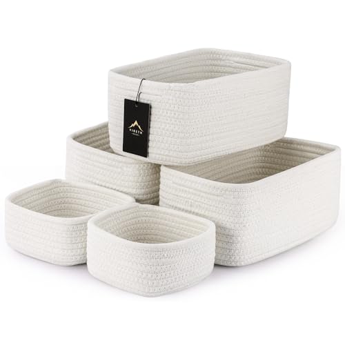 5-Pack Small Woven Rope Storage Baskets – 2 Sizes Organizer Bins for Closet, Shelf, Bookshelf, Nursery, Changing Table, Fabric Cube Boxes, Rectangular Shallow Bins for Bathroom, Toy & Home - color: White