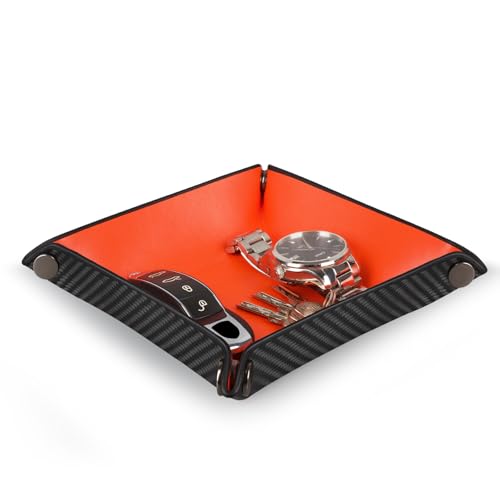 Valet Tray Organizer with Carbon Fiber Style Texture, Foldable Catchall Tray for Keys, Wallet & Everyday Essentials(Orange-Small) - color: Orange