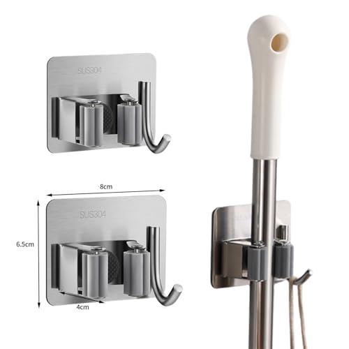 Mop and Broom Holder Wall Mount,Broom Holder Wall Mount,4 Pack Stainless Steel Broom Holders,with Strong Grip, Nail-Free Glue Installation,for Bathroom, Laundry,Office