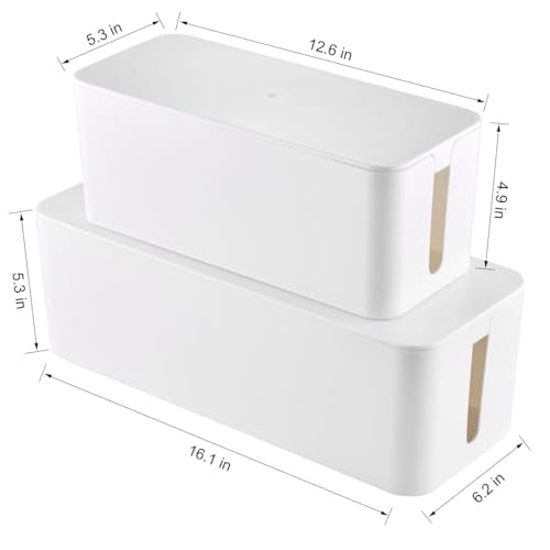 Cable Management Box, 2 Pack Large & Medium Cable Organizer Box with 17 PCS Cable Management Set, Cord Organizer Box to Hide Surge Protector on Desk or Floor (White) - color: White