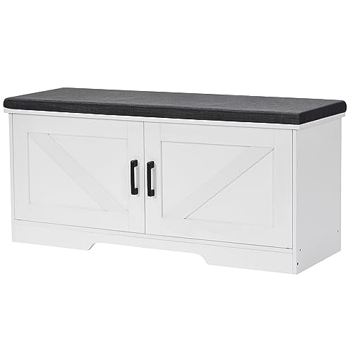 HOMSHO 2-Tier Storage Bench, 39.4" Wide Shoe Bench with Padded Seat Cushion, Entryway Bench with 2 Barn Doors and Adjustable Shelf, White - color: White, size: 39.4" Wide