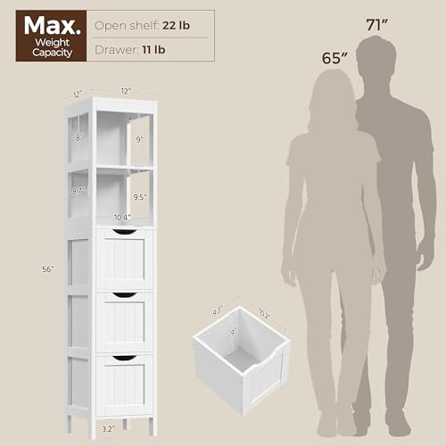 Yaheetech 56” Tall Bathroom Storage Cabinet, Slim Storage Organizer with 3 Drawers & 2 Shelves, Narrow Freestanding Floor Cabinet for Living Room/Hallway/Corner/Small Space, White - color: White, size: 56"H