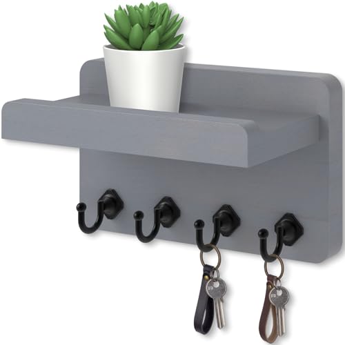 Nekon Key Holder Wall Mount, 8.5 Inch Small Home Decor Wooden Wall Organizer with 4 Hooks and Shelf, Key and Mail Holder for Living Room Entryway Kitchen (Gray) - color: Gray