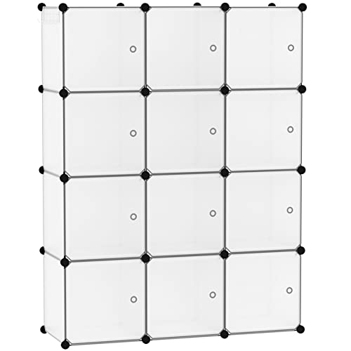 C&AHOME Cube Storage Organizer with Doors, 12-Cube Shelves, Closet Cabinet, DIY Plastic Modular Bookshelf Ideal for Bedroom, Living Room, 36.6”L x 12.4”W x 48.4”H Transparent White USHS3012W-DOOR - color: Transparent White