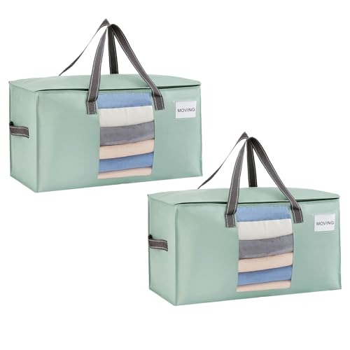 VENO 2 Pack Heavy Duty Moving Bags, Clothes and Comforter Storage Bags with Clear Window, College Dorm Essentials Packing Supplies, Foldable Boxes Alternative (Light Green Matte, 2 Pack) - color: Light Green Matte, size: 2 Pack