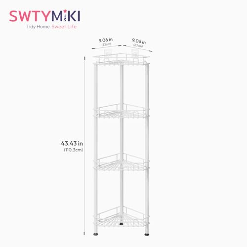 SWTYMIKI Standing Shower Caddy Corner - 4‑Tier Stainless Steel Shower Organizer Shelf with 16 Hooks and Adhesive Pads, Rustproof Corner Shelves Stand Rack for Bathroom Shower Room, white - color: White-4‑Tier