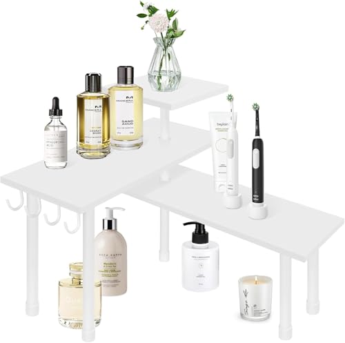 Homode Kitchen Countertop Organizer Corner Shelf, Bathroom Counter Organizers and Storage, 3 Tier Wood Shelf Organizer Space Saver for Make Up, Dresser Table, Desktop, White - color: White, With Hooks