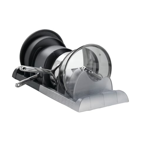 OMIO Pot Lid Organizer for Cabinet, A-560 Heavy Duty ABS Pan Rack Adjustable 9.8-22.8 inch with 8 Removable Dividers, Under Sink Storage for Cookware, Cutting Board, Dark Gray - color: Deep Grey & Translucent