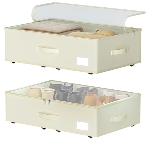 EE-RoomWorld Under Bed Storage with Wheels, No Assemble Required 7.5 inches height Under Bed Storage bins,Large capacity Rolling Underbed Shoe Storage containers，dorm underbed storage drawers - color: Beige, size: 7.5 inch height