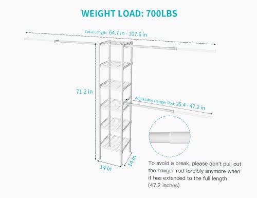Ulif M1 Closet Storage Organizer System, 6 Tiers Heavy Duty Metal Garment Rack with 3 Expandable Hanger Rods, Wall Mounted Space Saver Suits from 5.4-8.7 ft. Width, 71.2”H x 14”D, 700LBS, White - color: White