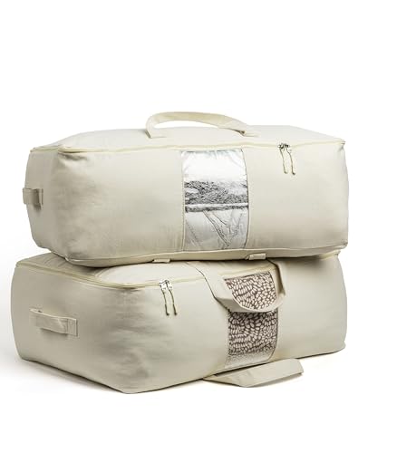 Soft Canvas Storage Bags with Zipper. Thick Breathable, 2pc King/Queen Comforter Organizer. Four Carrying Handles and Window. Large 25x19x9in Bag for Sheets Blankets Bedding Pillows, Clothes - color: Beige, size: 2 Pack