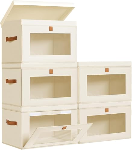 DIMJ Storage Bins with Lids - 5 Pack Large Fabric Closet Organizer with Window & Handles, Collapsible Decorative Storage Boxes for Shelves Under Bed, Books Clothes Blankets Sweaters Organization - color: Beige, size: Large-5 Pack