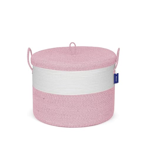 21" x 18" Extra Large storage baskets,Eco-friendly Decorative blanket basket with lid for Living room,rope baskets with lid,wicker hamper for bedroom,Big,Round,Pink 115L - color: White & Pink