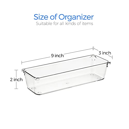 Ravinte 6 Pack Drawer Organizer - 3" X 9" Plastic Storage Bins, Acrylic Organizers with Non-Slip Pads Clear Desk Storage Tray for Makeup, Jewelries, Kitchen Utensils, Bathroom and Office - size: 3" x 9"