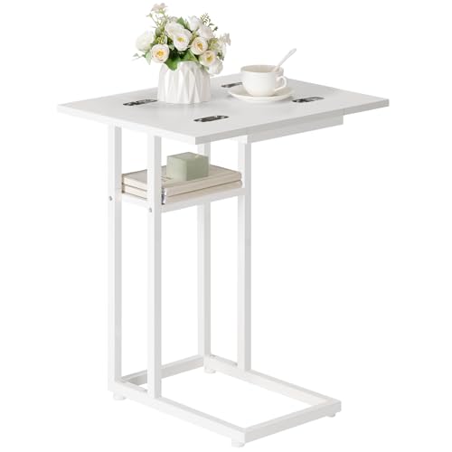 HOOBRO Foldable End Table, C Shaped Side Table with Storage Shelf, Small Snack Table Suitable for Living Room Bedroom Small Spaces, Easy Assembly, White WW29SF01 - color: White