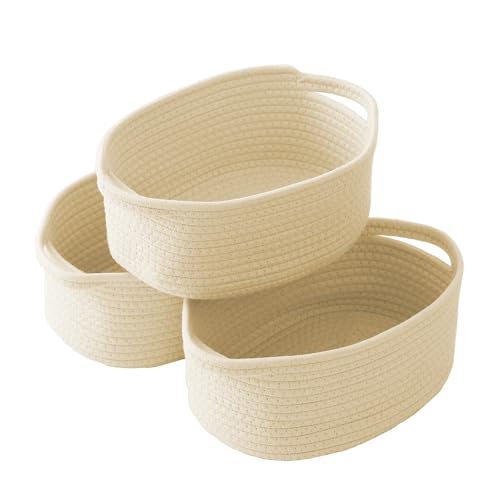 JMvicyroam Woven Basket,Small Rope Storage Bin with Handles & Ribbon Bag, Organizer for Shelves Closets,Gift Basket Empty for Birthday,Books,Dog Toys,Beige/3 Pack - color: Beige, size: 3 Pack