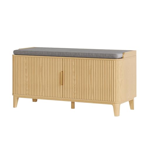 39.4" Fluted Shoe Cabinet Storage with Bench, 2-Tier Entryway Bench with Adjustable Shelves and Detachable Cushioned Seat, Shoe Organizer Bench Cabinet for Entryway, Living Room, Hallway Natural - color: Natural