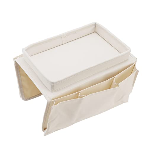 Sofa Tray Couch Arm Table Foldable Storage Holder with Large Tray and Side Pockets for Living Room Couch Organizer 600D Oxford Cloth (Beige) - color: Beige