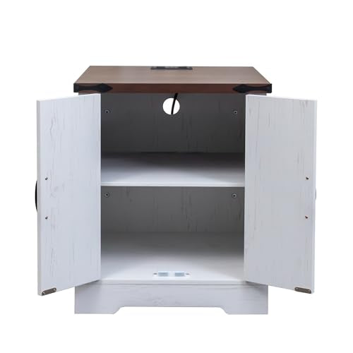 Farmhouse End Table with Charging Station, Rustic Wood Nightstand with Adjustable Shelf, 19.6"W Versatile Walnut Sofa Side Table with Barn Doors and Retro Hinges for Bedroom, Living Room (White-kk025) - color: White-kk025
