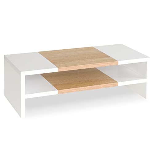 TEAMIX 2 Tiers Desktop Monitor Stand Riser 20 Inch Printer Stand with Storage Small TV Riser Laptop Wooden Desk Organizer Shelf Bookshelf Maple (White+Maple, 2 Tiers) - color: White+maple