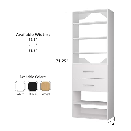 ROOMTEC Modular Closet System, 25.5" 2 Drawer Shelf Closet Tower Wall-Mounted Closet Organizer, Wooden Tower for Walk-In Closets, Wardrobe Storage Kit, White - size: 25.5" Wide, style: Model 11