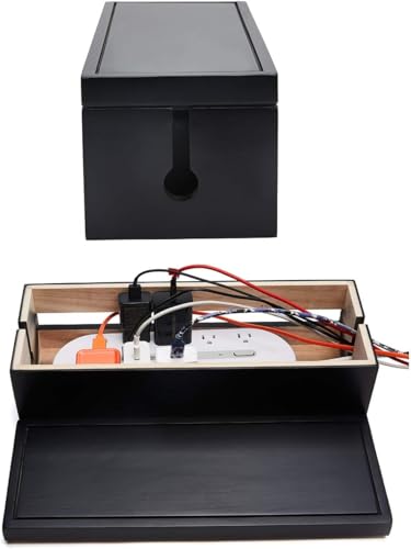 Changsuo Cable Management Box Wooden Cord Organizer Box for Extension Cord Power Stripe Surge Protector Wire Management Concealer Organizer Cover Hider for Desktop Home Office Kitchen (Black) - color: Black