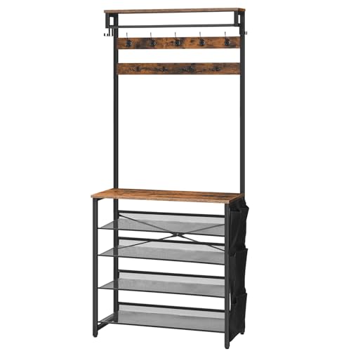 HOOBRO Hall Tree with Bench, Entryway Coat Rack with Shoe Rack, Shoe and Coat Rack, 5 Tier Shoe Storage Organizer with Oxford Fabric Side Pockets, Adjustable Mesh Shelves, Rustic Brown BF75MT01