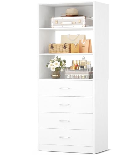 Aheaplus Closet Drawers Organizer System, 21.3" Wood Closet System with 4 Drawers, Modular Walk-in Closets Storage Unit, Tall Bookshelf Storage Cabinet, White22 - color: White