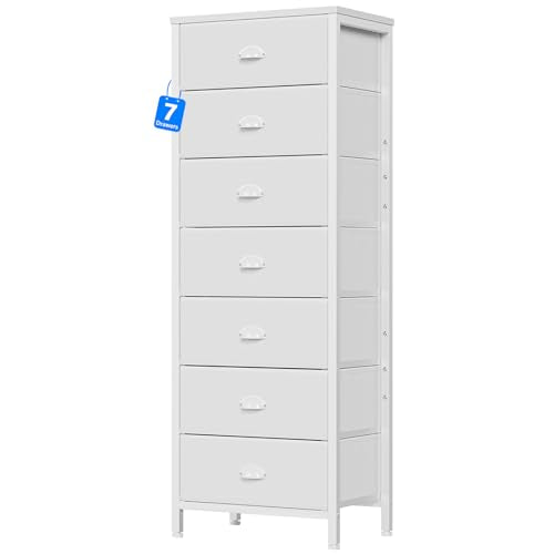 Furnulem White Tall Dresser for Bedroom with 7 Drawers, Vertical Chest of Drawer in Closet, Nightstand Storage Tower Unit Organizer with Fabric Bins for Dorm,Living Room,Entryway,Hallyway - color: White, size: 11.8"D x 15.8"W x 43.3"H (7 Drawers)