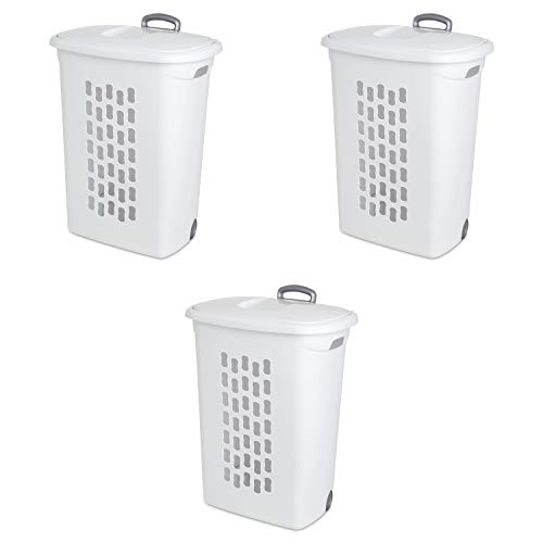Sterilite 3 pack Ultra Wheeled Hamper, Laundry Basket w/Flip-Top Lid & Retractable Handle - Plastic Rolling Clothes Storage Cart with Ventilated Holes for Home, Apartment or Dorm - size: One Size