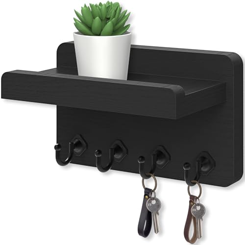 Nekon Key Holder Wall Mount, 8.5 Inch Small Home Decor Wooden Wall Organizer with 4 Hooks and Shelf, Key and Mail Holder for Living Room Entryway Kitchen (Black) - color: Black