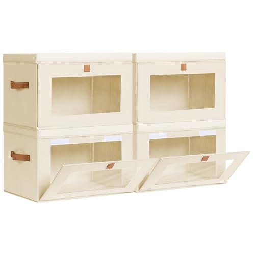 Homsorout Collapsible Storage Bins - Large Closet Organizer with Handles & Window, Decorative Storage Boxes, Fabric Containers for Living Room, Dorm, 4 Pack, Beige - color: Beige, size: Large - 4 Pack