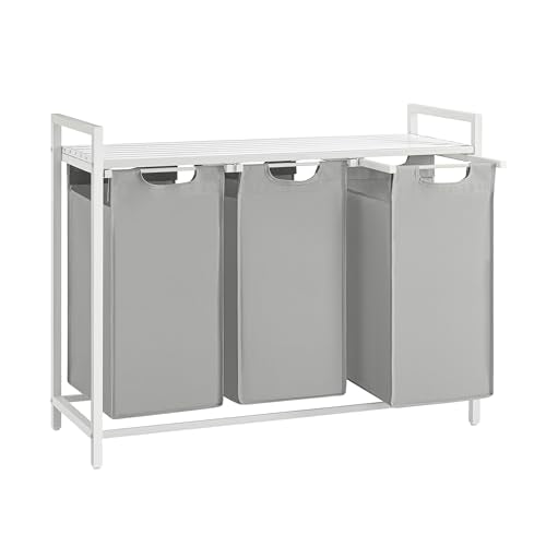 VASAGLE Laundry Hamper, Laundry Basket, Laundry Sorter with 3 Pull-Out and Removable Bags, Shelf, Metal Frame, 3 x 10.6 Gallons (40 L), 36.4 x 13 x 28.4 Inches, Dove Gray and Cloud White UBLH301W03 - color: Dove Gray + Cloud White, size: 3 Bags - 120 L