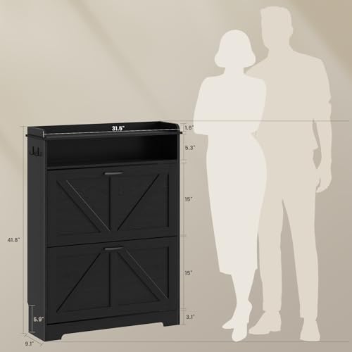 Shoe Cabinet Organizer with 2 Flip Drawers, Farmhouse Narrow Shoe Cabinet with 2 Adjustable Shelves & 2 Hooks, Shoe cabinet storage for entryway, Foyer, Hallway, Black, 31.5"W x 8.7"D x 41.7"H - color: Black, size: 2 Drawers with Shelf