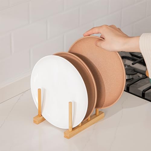 HBlife 2pcs Bamboo Dish Plate Bowl Cup Book Pot Lid Cutting Board Drying Rack Stand Drainer Storage Holder Organizer Kitchen Cabinet（Keep Dry） - color: Bamboo 3 Slots 2pcs