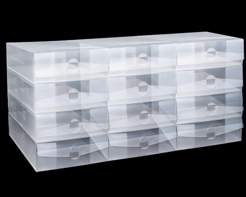 Shihanee 12 Pcs Boot Box Clear Plastic Stackable Shoe Storage Organizer Foldable Heavy Duty Shoe Containers for Closet Small Spaces Dorm Bedroom Apartments (13.4 x 8.3 x 5.1 Inches) - size: 13.4 X 8.3 X 5.1 Inches