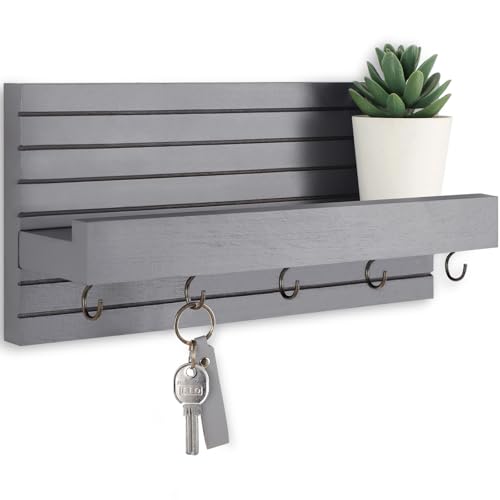 Lwenki Decorative Key Holder for Wall with Shelf, Entryway Shelf with Hooks Holds Leashes, Jackets and Glasses – Sturdy Wood Keyholder Entrance Hanger with Mounting Hardware (Gray, Medium) - color: Gray, size: Medium