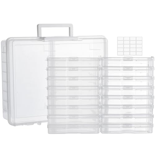 ALINK Photo Storage Box with Handle, 4" x 6" Photo Case Craft Keeper Organizer Container with 16 Inner Case and Label for Pictures, Arts, Crafts, Sewing, Stickers, Office Supplies - Clear - color: Clear
