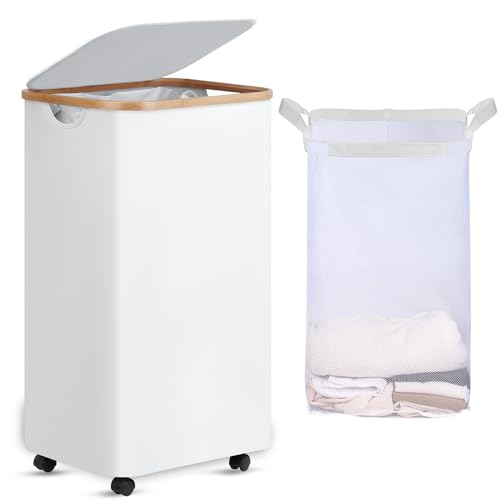 efluky Laundry Basket with Wheels, Tall Rolling Laundry Hamper with Lid and Removable Bag, Aesthetic Dirty Clothes Hamper on Wheels for Laundry Room, Bedroom, Dorm and Bathroom, 100L White - color: White, size: 100L